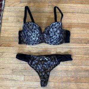 Parfait Champagne & Black Lace Padded Bra & Thong Set, size 38D US 14 NWOT